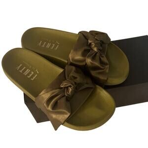Fenty x Puma by Rihanna Satin Bow Slides Olive Green Women's Sandals Size 8.5